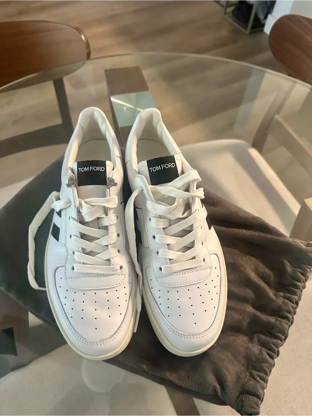 Tom Ford White Leather Sneakers with Black Side Stripes